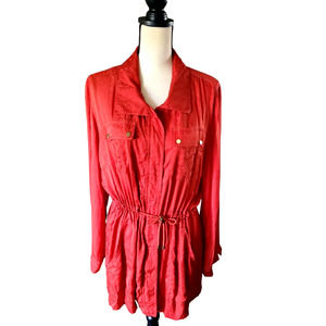 Chico's Red Orange Silky Rayon Full Zip Lightweight Long Jacket Top Sz 2 or L
